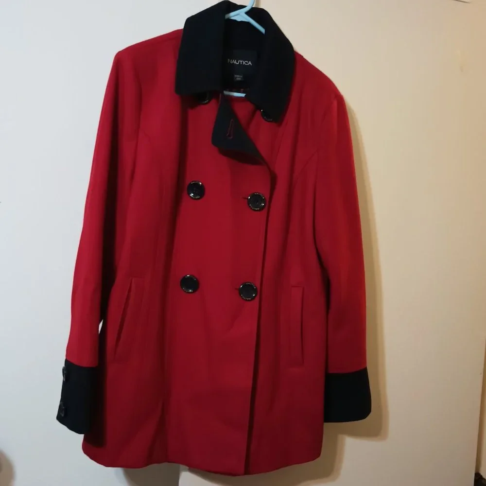 VGUC Vintage Wool Blend Pea Coat in Bright Red & Navy Blue by Nautica (Size: XL) - Picture 2 of 8